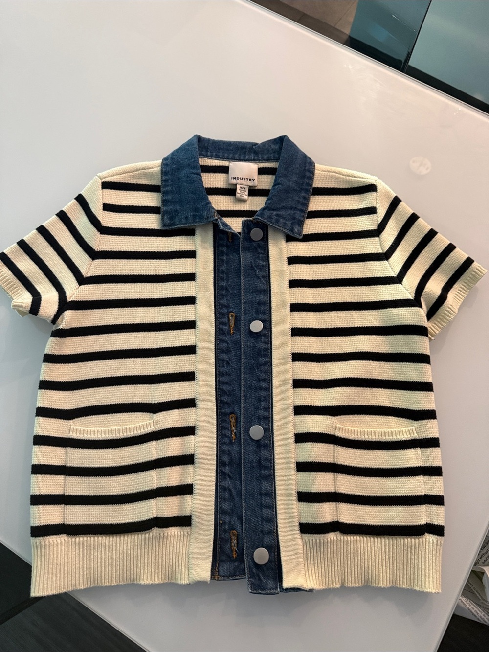 INDUSTRY Cream & Black Striped Knit Cardigan with Denim Trim. Wore once!